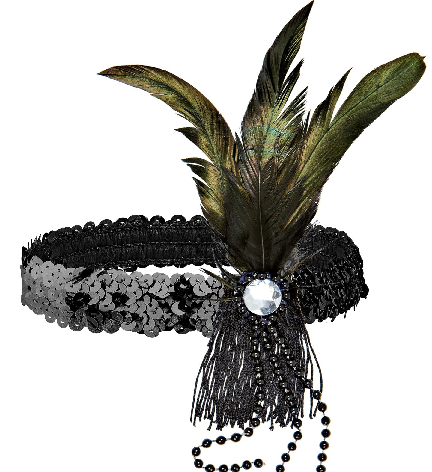 Widmann 9099T - Headband with Sequins, Feathers and Pearls, Adult Woman, 20s, 30s, Charleston, Gangster, Carnival, One Size, Black Color