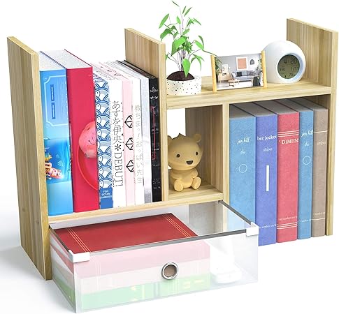 Amazon Popq ブックスタンド 本立て デスク上 伸縮型本棚 引き出し付き 学生本立て 多様放置事務用品収納 くるみ色 ブックエンド 本立て 文房具 オフィス用品