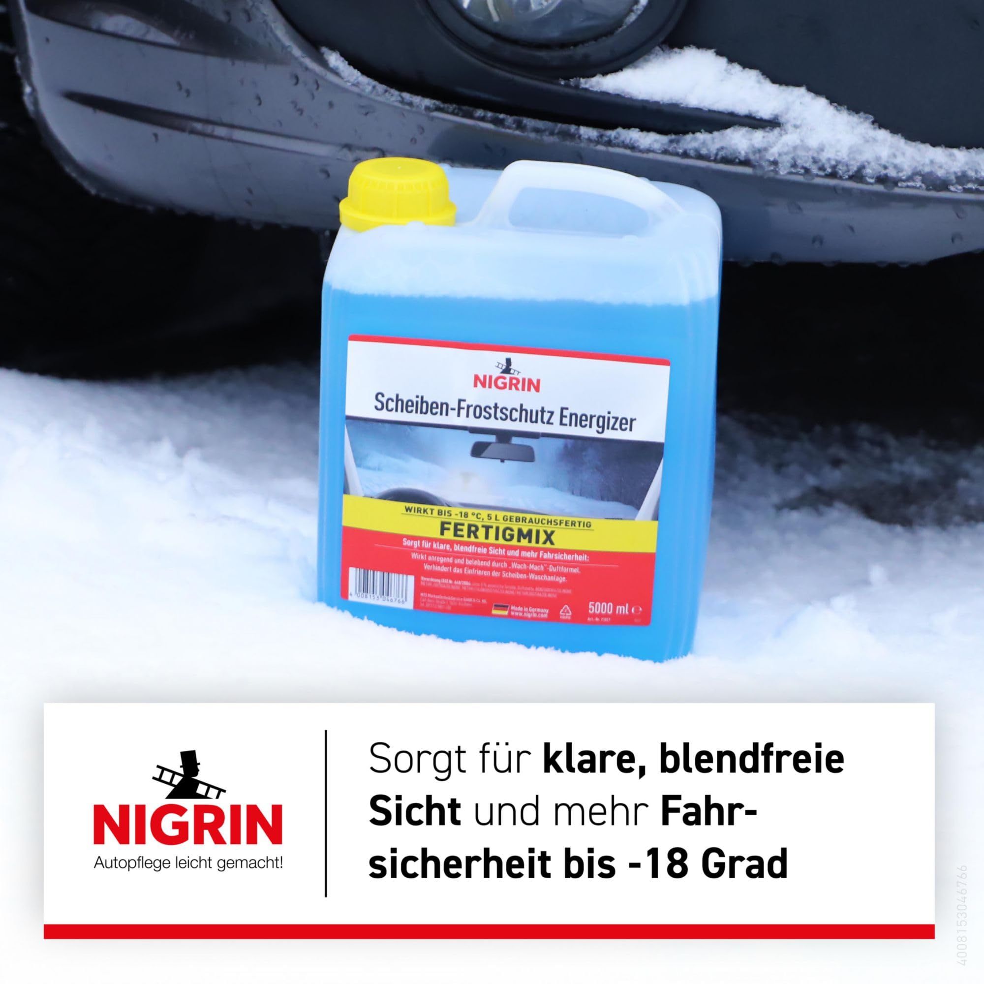 NIGRIN Scheiben Frostschutz Fertigmix ENERGIZER | 5 Liter | wirksam bis -18°C | Reinigungszusatz für Autoscheiben und Scheinwerfer | gegen Schnee, Salz, Öl, Ruß | schlierenfreie Sicht | Wach-Mach Duft 2