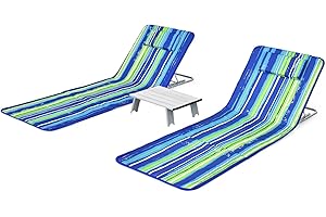 Giantex Beach Chairs for Adults 2 Pack Set with Side Table, 5 Position Adjustable Folding Lawn Chair for Sunbathing, Patio Chaise Lounge Lightweight Backpack Camping Chairs (Stripe)