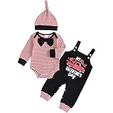 DSOKUHIB My 1st Valentines Day Baby Boy Outfit Stripe Long Sleeve Romper Letters Suspender Pants Hat Set 3Pcs Newborn Clothes