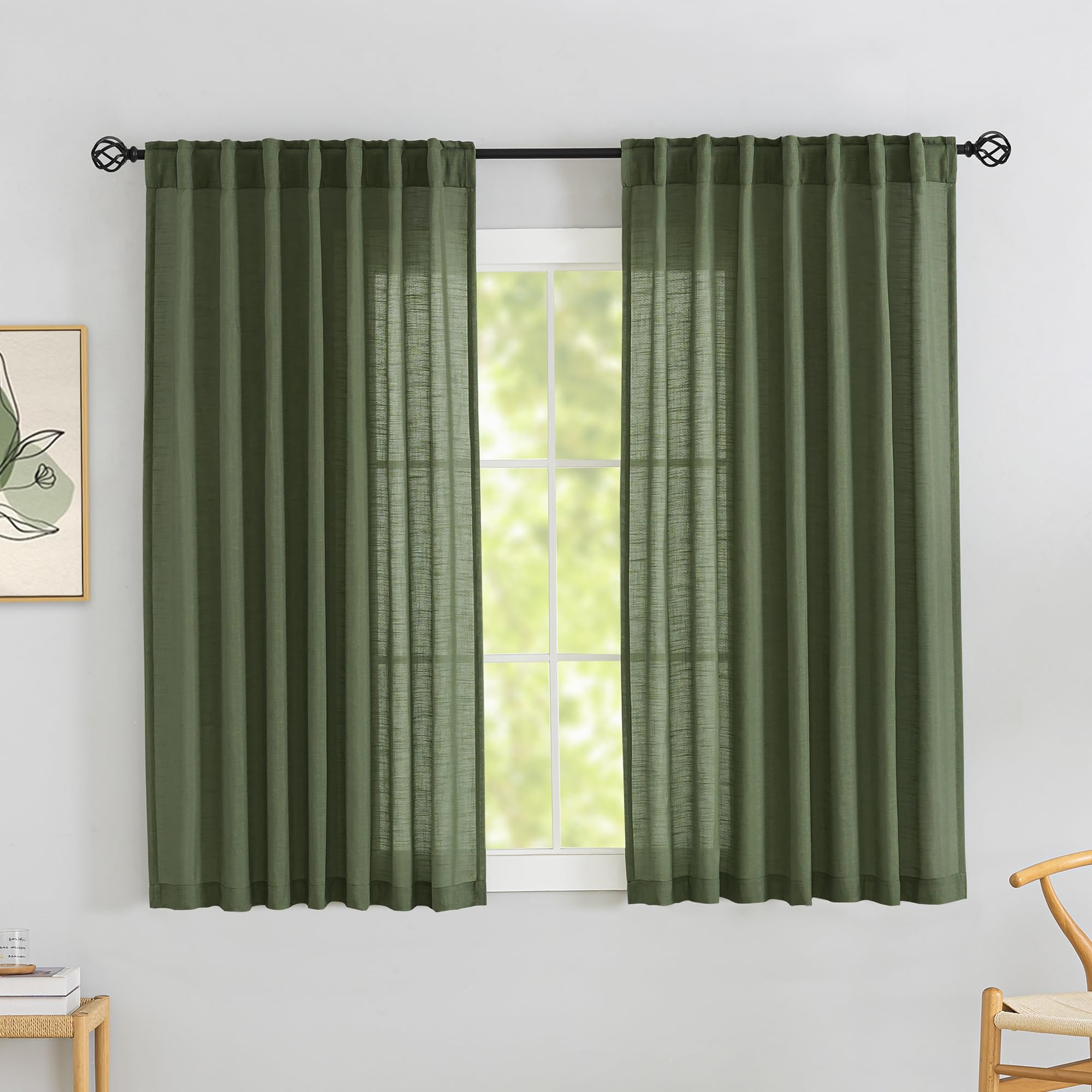 Photo 1 of Olive Green Linen Back Tab Curtains 64 Inches Long 2 Panels Set for Boys' Room - Modern Cottagecore Rod Pocket Semi Sheer Privacy Drapes Hooks Belt Pleated Short Curtains 52" Width x 64" Length