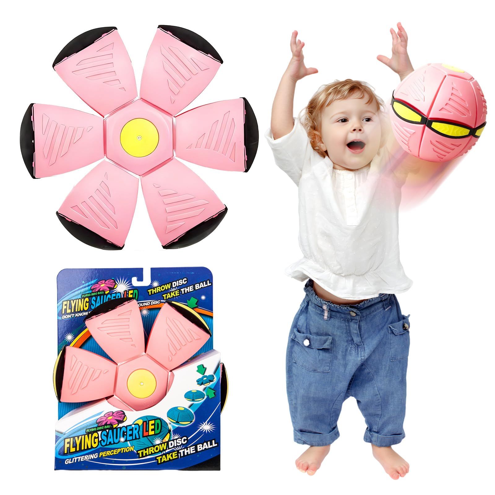 BRTNUP Magic Metaball,Children's Bouncing Ball,Jumping Balls with 6 Light,Flying Saucer,Dual Form Freely Switchable,Parent-Child Interaction Toy Game,Gifts for Teen Boys (Light pink)