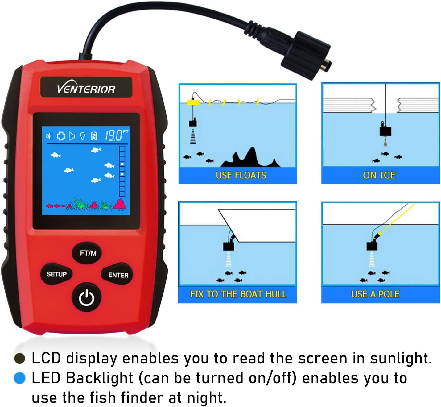 Venterior Portable Fish Finder Handheld Fishfinder Depth Finder Ice Kayak Fishing Gear with Sonar Transducer and LCD Display (Deep Red): GPS & Navigation