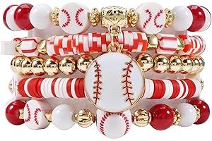 BOOKAY Basketball Beaded Bracelets for Women Baseball Stackable Stretchy Sports Heishi Bracelet Ball Charm Bracelet Gift Jewelry