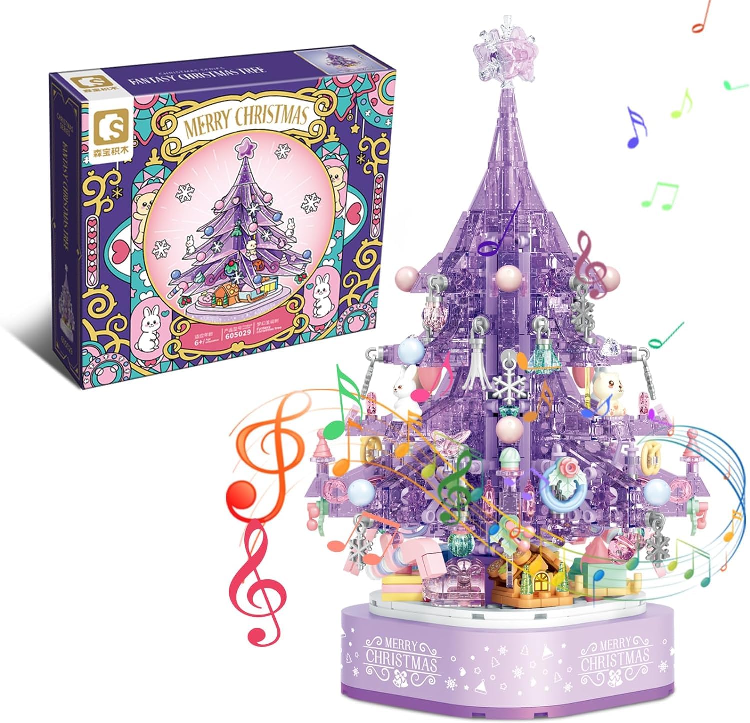 Christmas Tree Building Block Set, 729 PCS Technic Pink Crystal Christmas Tree Building Kit with LED, Construction Gifts Toy for Kid Adult, Mini Micro Building Brick