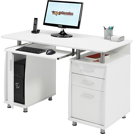Großer Computer und Schreibtisch mit Registratur A4, 2 Stationery Schubladen & Schrank für Home Office in Weiß Holzmaserung P