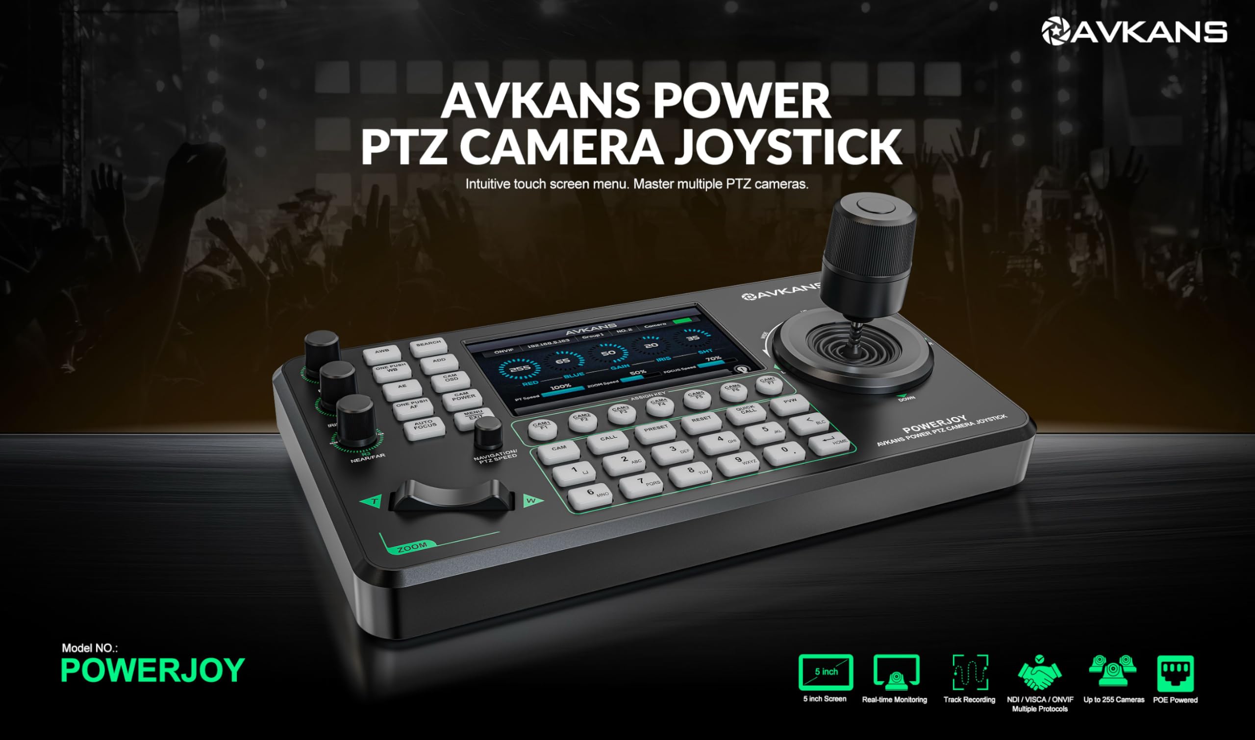 AVKANS PowerJoy PTZ Camera Joystick Controller, IP NDI PTZ Camera Controller Keyboard with 4D Joystick for Worship Church Live Streaming, NDI License Included (PTZ Controller with 5 inch Screen)
