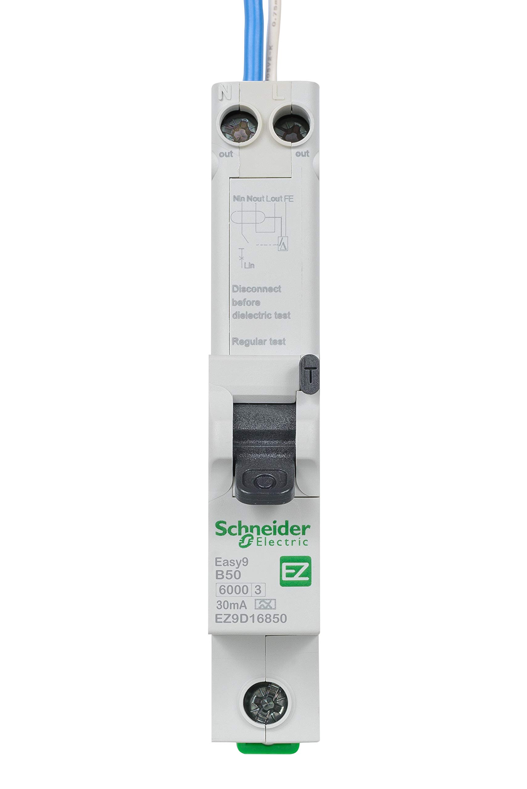 Schneider Electric Easy9 - RCBO Residual Circuit Breaker with Overcurrent Protection, 1 Pole, 50A, 30mA, Type A, B Curve, EZ9D16850