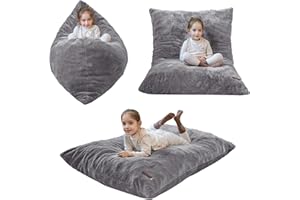 MAXYOYO 3 in 1 Kids Bean Bag Chair Bed, Child Floor Sofa for Gaming, Reading, Faux Fur Floor Mattress with High-Density Foam Filling for Living Room Bedroom