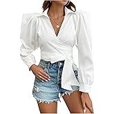 SweatyRocks Women's Wrap Crop Blouse Collared V Neck Puff Long Sleeve Knot Side Tops Work Business Shirt