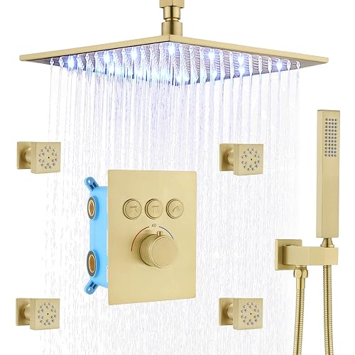 Homekicen Brushed Gold Shower System - 12" LED Square Ceiling Rain Head ...