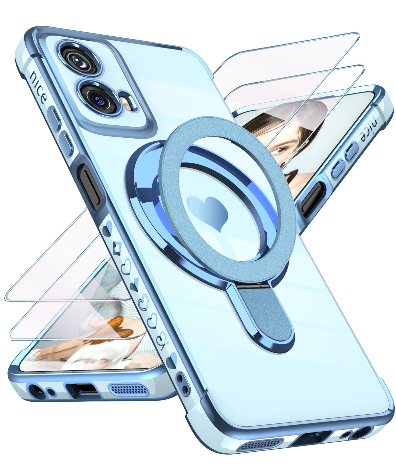 Liufcx Compatible with Motorola Moto G 5G 2024 Love Heart Kickstand Case with Screen Protector: Luxury Plated Gold Edge Slim Soft TPU Shockproof Protection Case Cover for Moto G 5G 2024 (Blue)
