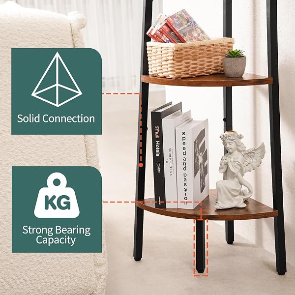 YOOBURE CORNER SHELF, 5-TIER CORNER BOOKSHELF WITH METAL FRAME & WOOD LADDER SHELVES – DISPLAY SHELF & TALL BOOKCASE, PLANT STAND FOR HOME DECOR – BEDROOM, LIVING ROOM, OFFICE