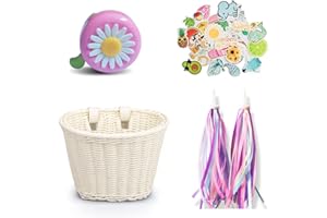 Kid's Bicycle Basket,Colored Tassels Wicker Front Handlebar Bike Basket Handlebar with Streamers Bell and Stickers,Bicycle De