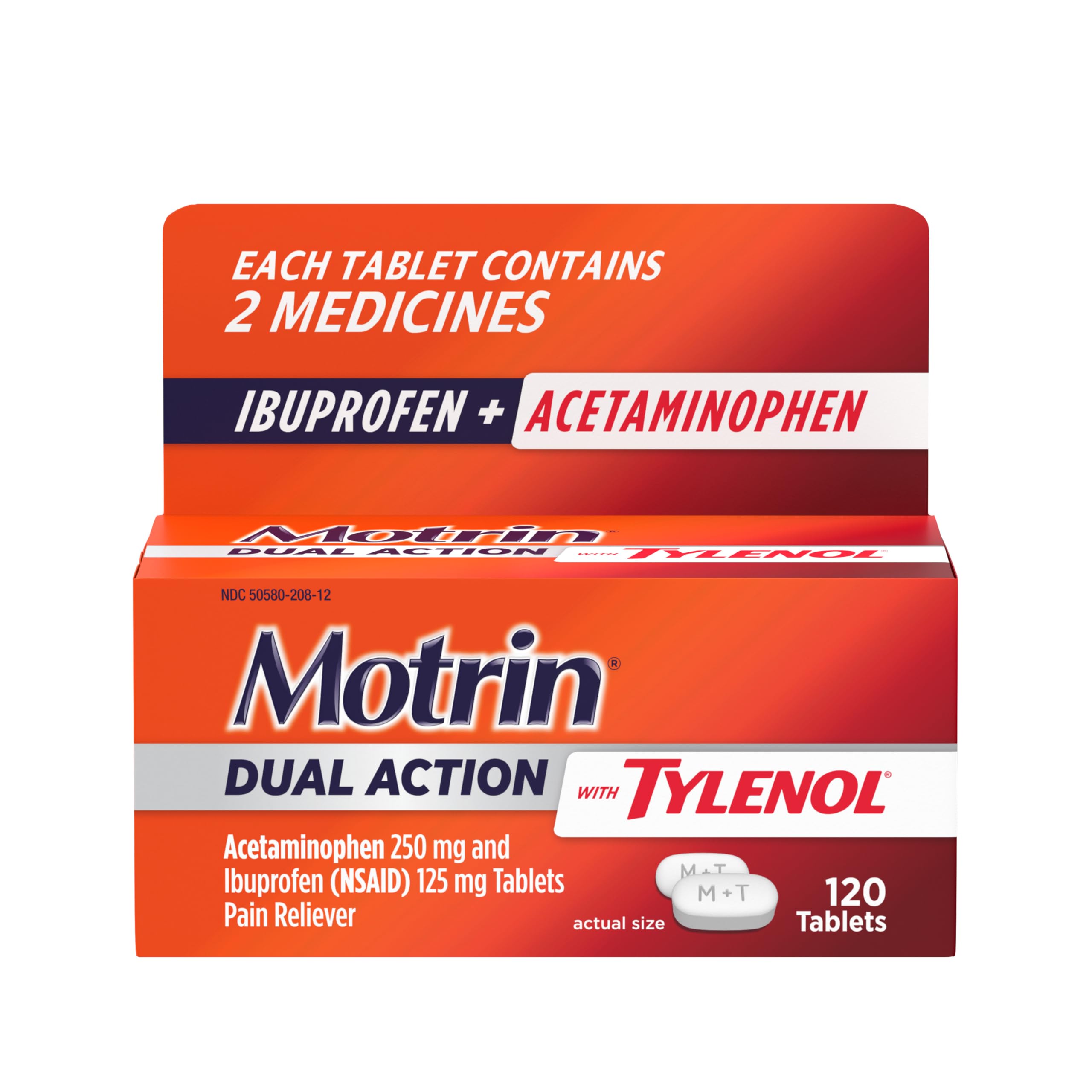 Motrin Dual Action with Tylenol, Ibuprofen & Acetaminophen Fast-Acting Dual Action Pain Reliever for Minor Aches & Pains, Ibuprofen (NSAID) 125 mg & Acetaminophen 250 mg, 120 ct