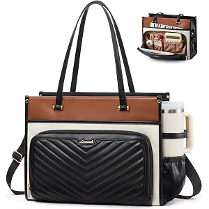 LOVEVOOK Quilted PU Leather Teacher Tote Laptop Bag Work Purse for Women | Large Cup Holder, Professional Waterproof Handbag