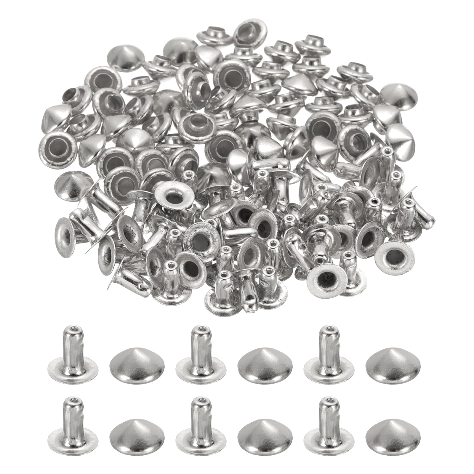 PATIKIL 6mm Spike Rivets, 100 Sets Round Studs Rivet Rapid Punk Spikes Leathercraft Decoration for Rock Nailheads Clothing Belts Bags Shoes, Silver Tone