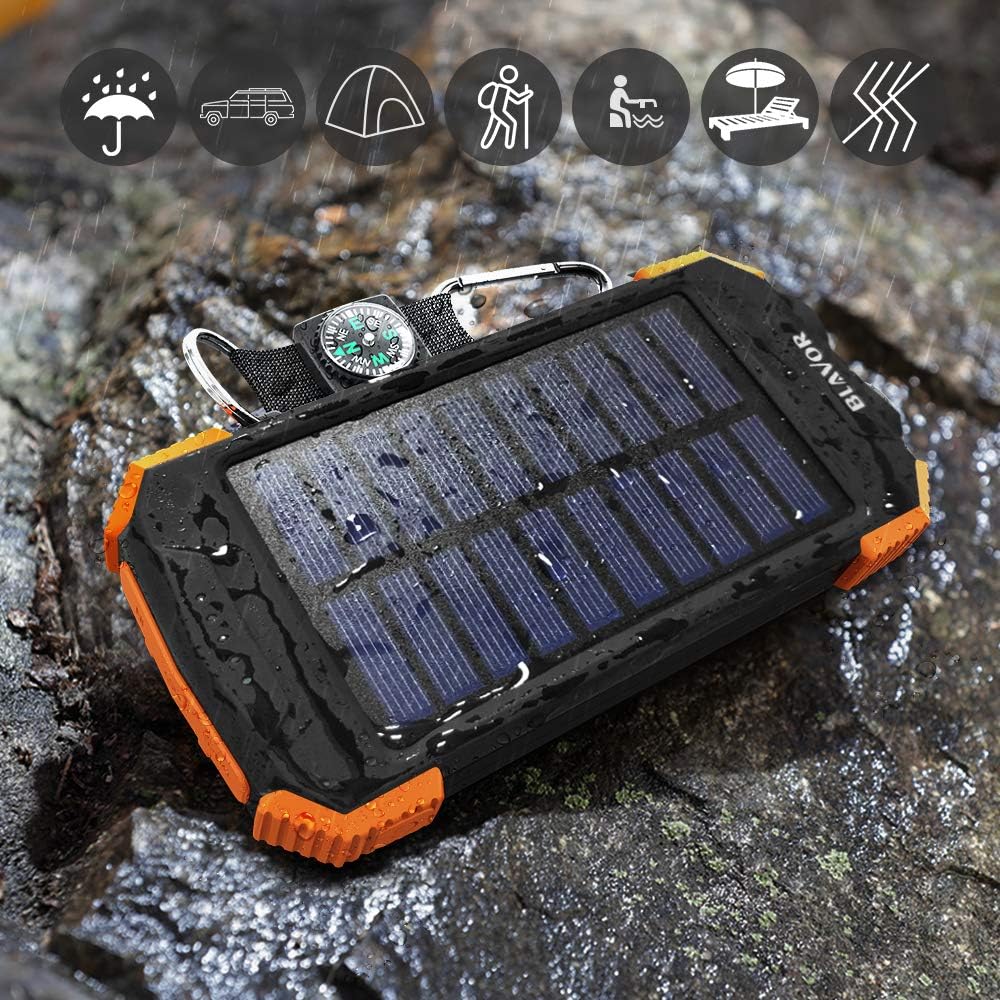 Solar Power Bank, Qi Portable Charger 10,000mAh External Battery Pack Type C Input Port Dual Flashlight, Compass, Solar Panel Charging (Orange)