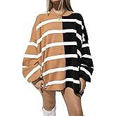 LAYOGAS Womens Color Block Sweaters Crewneck Long Sleeve Striped Pullover Sweater Casual Loose Knit Jumper Tops