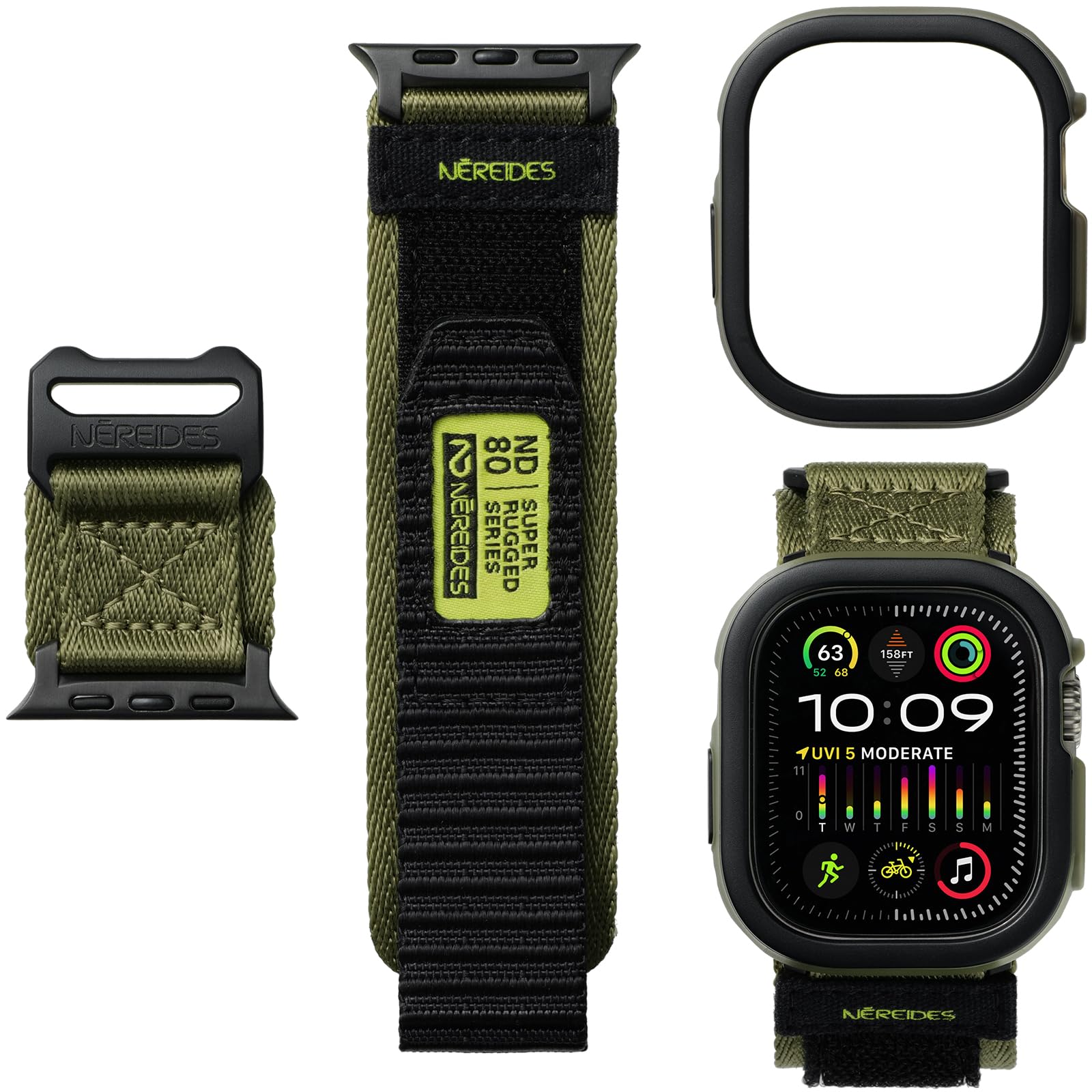 Nereides Rugged Case with Band Compatible with Apple Watch Straps Ultra 3/Ultra 2/ Ultra 49mm, Nylon Sport Replacement Band with Cover Compatible with iWatch Strap Ultra 3/2/1 49mm (Green)