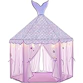 BRINJOY Princess Tent for Girls with Lights, Large Pretend Play Tent Castle w/Carry Bag & Stickers & Detachable Fishtail Top Indoor Outdoor, 67”x55” Ocean-Theme Kids Playhouse Gift for Toddler Age 3+
