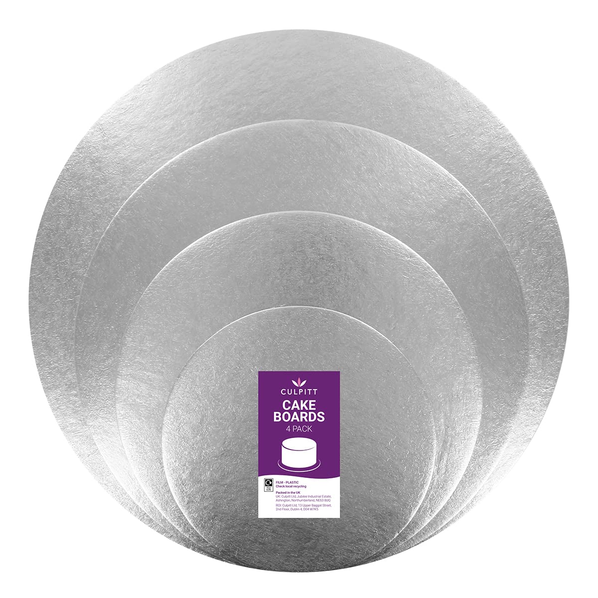 Culpitt Cut Edge Round Cards, 4 Board Multipack, 6", 8", 10", 12", Round Cake Cards, Silver Cake Boards, 1.8mm Thick, 4 Pack For Tiered Treats