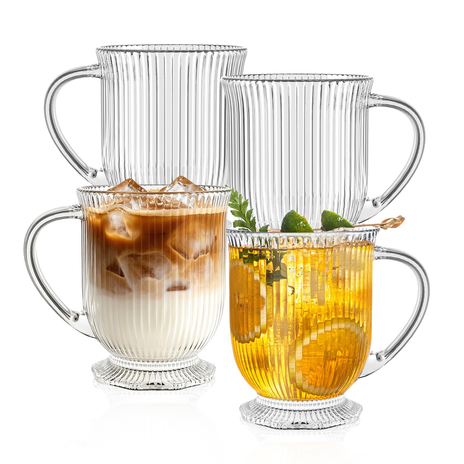 KEMORELA 4er-Set Glas Tassen 480ml mit Henkel, Irische Rillengläser für Heiße & Kalte Getränke, Spülmaschinengeeignet