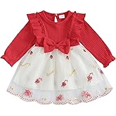 Gureui Toddler Baby Girl Christmas Dress Long Sleeve Candy Cane Dresses Infant Mesh Outfit