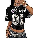 SOLY HUX Women's Y2k Jersey Shirt Leopard Number Graphic Tees Short Sleeve Ruched Crop Tops Streetwear