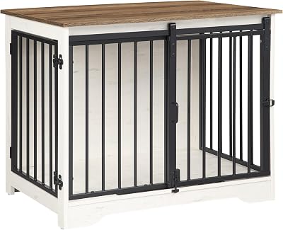 Hzuaneri Dog Crate Furniture 81 cm Double Door Barn Door Anti-Chew White Brown