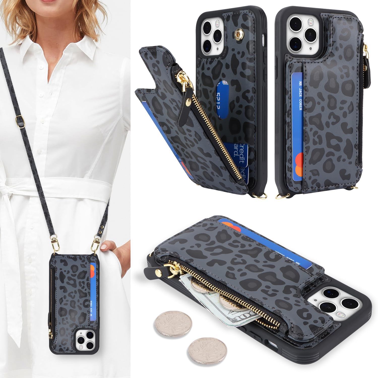 SailorTech for iPhone 11 Pro Max Phone Case with Credit Card Holder for Women, iPhone 11 Pro Max Leather Case Wallet Crossbody with Credit Card Slots Zipper Shockproof Case for Men - Black Leopard — image 1