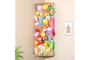 Mabahoo Stuffed Animal Storage Toy Organizer, Wood Corner Plushie Toy Holder with Rainbow Elastic Rope, Length Adjustable Hanging Stuffed Animal Shelf Net for Nursery Playroom Bedroom