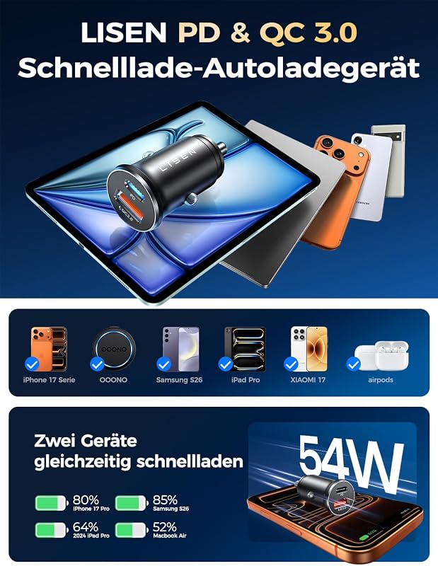 54W Zigarettenanzünder USB C, PD&QC3.0 Auto Ladegerät KFZ