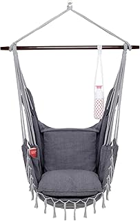 VITA5 Hängesessel 2 Kissen, Getränkehalter & Bücherfach - XXL Hängestuhl für Erwachsene & Kinder -Belastbar bis 150 kg - Hängesitz für Indoor & Outdoor (Wohn & Kinderzimmer, Garten) (Dunkelgrau)