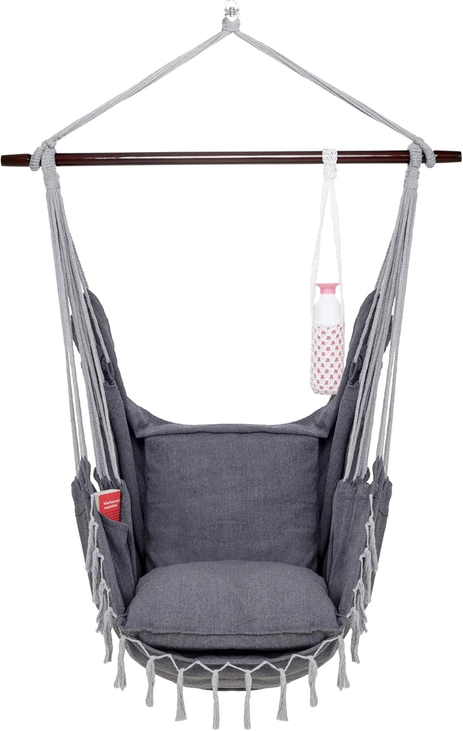 VITA5 Hängesessel 2 Kissen, Getränkehalter & Bücherfach - XXL Hängestuhl für Erwachsene & Kinder -Belastbar bis 150 kg - Hängesitz für Indoor & Outdoor (Wohn & Kinderzimmer, Garten) (Dunkelgrau)