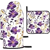Purple and Gold Floral Oven Mitts and Pot Holders Sets of 3, Non-Slip Heat Resistant Watercolor Flower Design Kitchen Gloves, Gifts for Women Cooking, Elegant Kitchen Decor for Baking Roasting Cooking