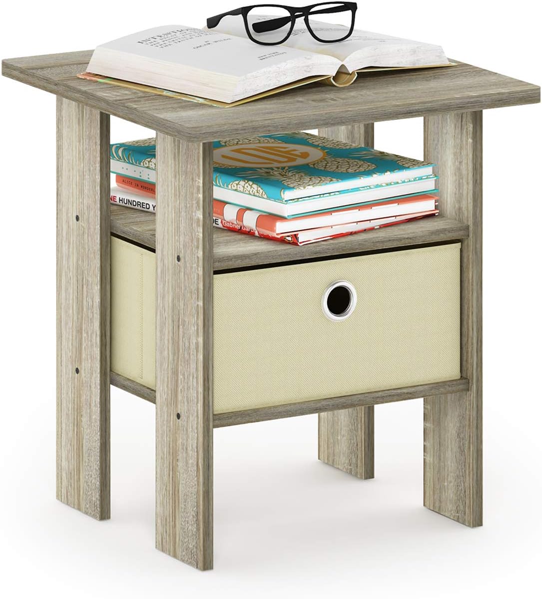 FURINNO Andrey End Table Nightstand with Bin Drawer, 1-Pack, Sonoma Oak/Ivory: Kitchen & Dining