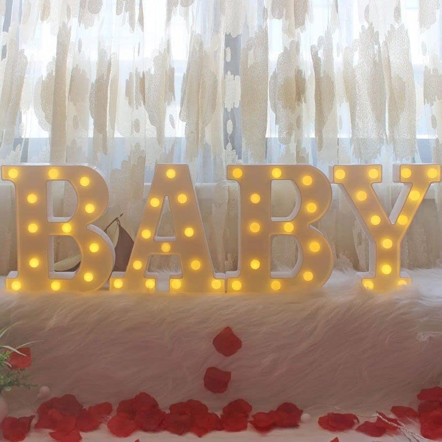 Photo 1 of ZUOKEMY 4 LED Baby Marquee Logo Light, Warm White Glowing Letters Perfect for Baby Shower Party, Birthday Party, Home Bedroom Nursery Table Wall Decor