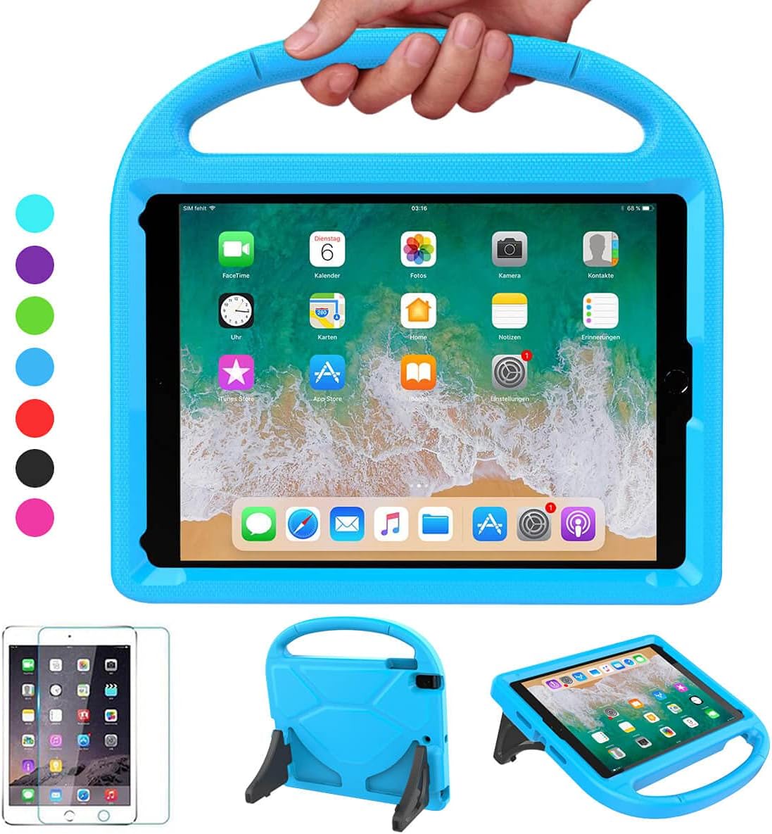 VICVOL Kids Case for iPad 9.7 2018/2017 / Air 1/2 / Pro 9.7, Shockproof Protective Durable Handle Stand Bumper Cover with Screen Protector for 9.7-inch iPad 5th/6th Gen, Blue