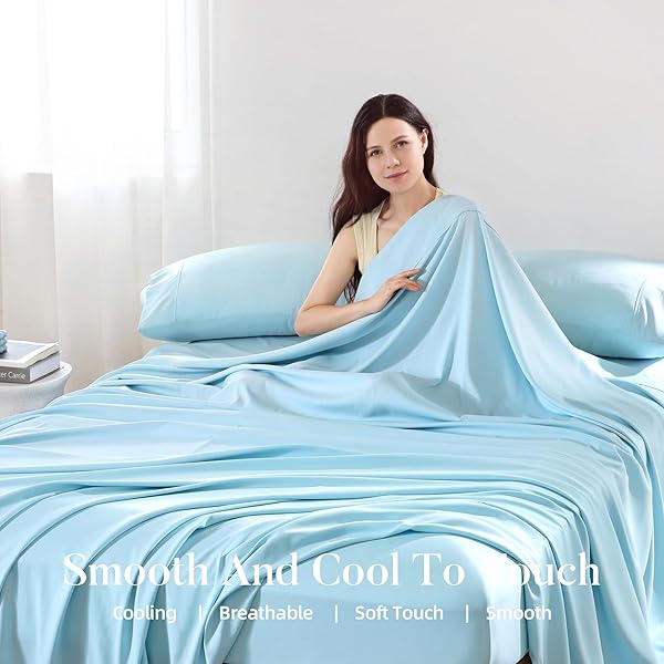 4 PIECE FULL SIZE SHEET – COOLING BED SHEETS SET, BLEND RAYON DERIVED FROM BAMBOO, BREATHABLE SOFT HOTEL LUXURY BEDDING & PILLOWCASES, SILKY FIT 16 INCH EXTRA DEEP POCKET, OEKO-TEX – SKY BLUE