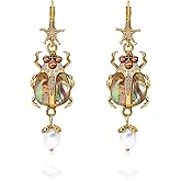 HMOOY Vintage Beetle Scarab Bug Dangle Earrings for Women, Imitation Pearl Insect Drop Dangle Earrings Renaissance Victorian Style Jewelry Earrings Egyptian Earrings for Party Gifts