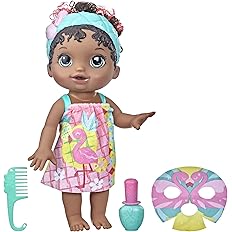 Baby Alive Glam Spa Baby Doll, Flamingo, Makeup Toy for Kids 3 and Up, Color Reveal Mani-Pedi and Makeup, 12.4-Inch Waterplay Doll, Black Hair