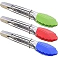 HINMAY Mini Tongs with Silicone Tips 7-Inch Serving Tongs, Set of 3 (Green Red Blue)