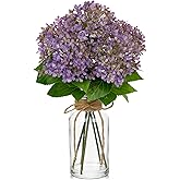 Arborus Artificial Hydrangea Flowers in Glass Vase with Faux Water, 13.8" Fake Purple Hydrangeas Arrangement Centerpiece for Home Café Kitchen Bathroom Decoration