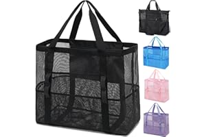 Fammart Mesh Beach Bag, Large Beach Tote with Zipper Pocket for Family Pool Bag for Toys & Vacation Essentials