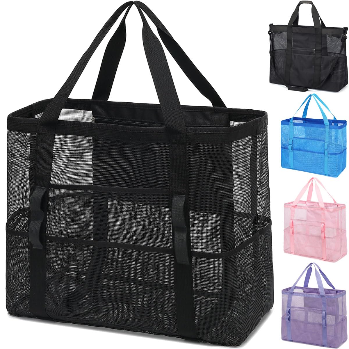 Photo 1 of Fammart Mesh Beach Bag, Large Beach Tote with Zipper Pocket for Family Pool Bag for Toys & Vacation Essentials