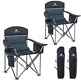 LET'S CAMP Oversized Folding Camping Chair Portable Outdoor Heavy Duty Padded Chairs Lawn Chair with Cup Holder, Storage Pocket and Cooler Bag, Supports 450LBS, for Camp, Travel, Picnic,2 Pack(Green)
