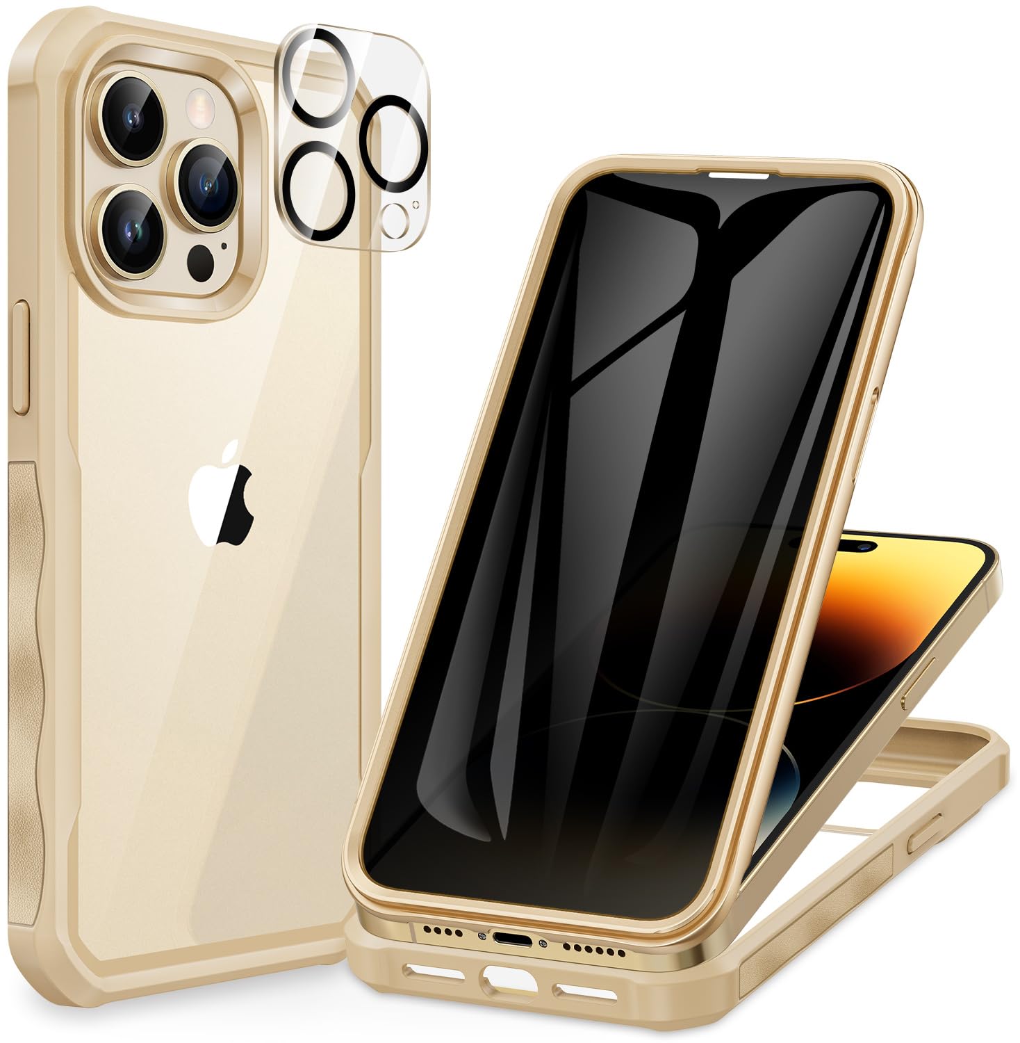 CENHUFO Compatible with iPhone 14 Pro Max Case Built-in Privacy Screen Protector with Camera Lens Protector, Shockproof Case for iPhone 14 Pro Max Privacy Case -Gold/Beige — image 1