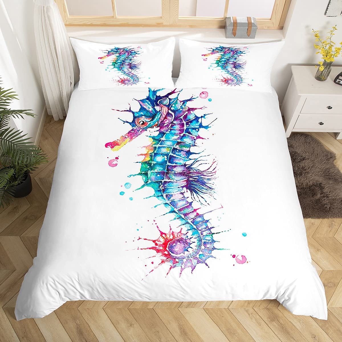 Loussiesd Seahorse Duvet Cover Ocean Creature Themed Bedding Set for Kids Girls Teens Women Colorful Tie Dye Decor Comforter Cover Sea Underwater Animal Bedspread Cover 3Pcs Zipper Double Size